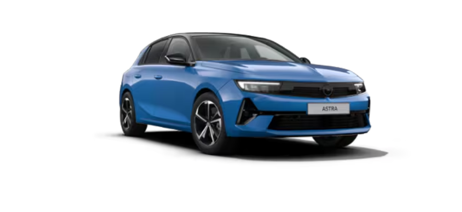 Ein blauer, moderner PKW mit fünf Türen und sportlichem Design. Die Front zeigt ein elegantes Gitter mit schmalen Scheinwerfern. Auf dem Kennzeichen steht Astra.